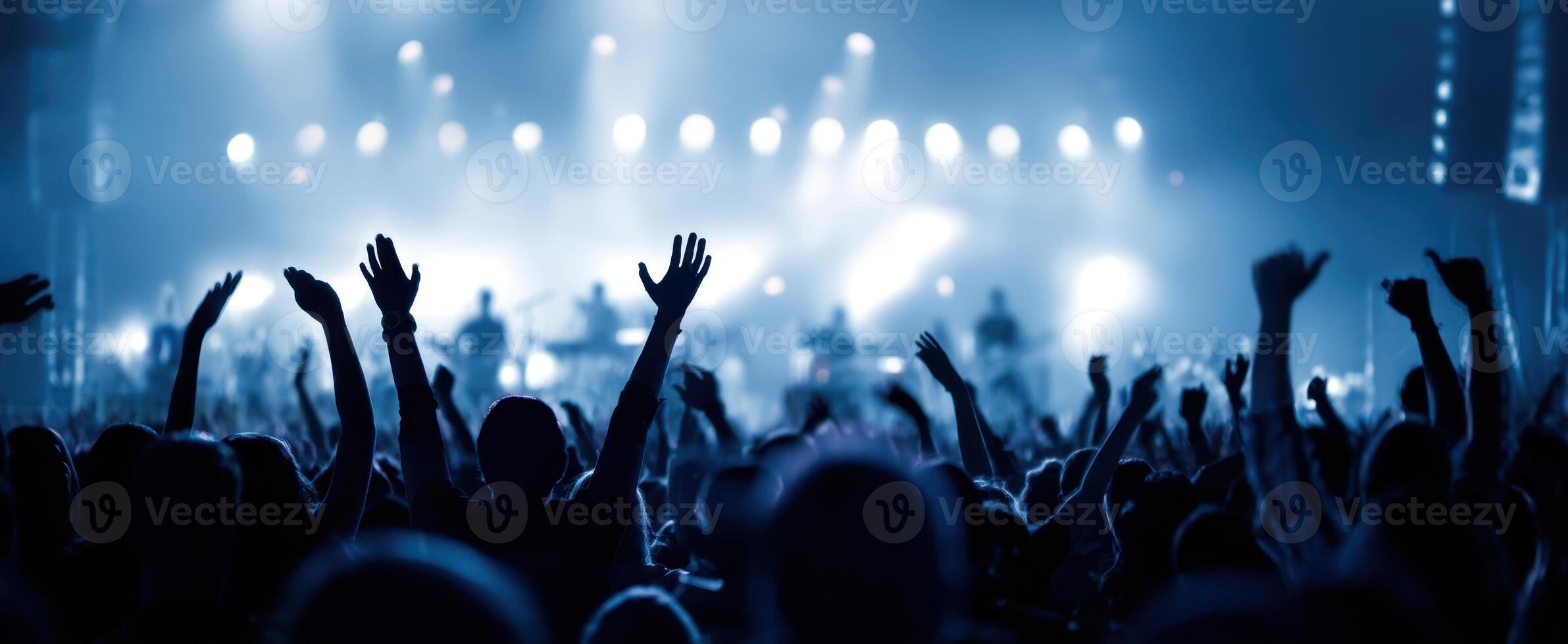 The energetic crowd enjoying a live music performance under colorful lights photo