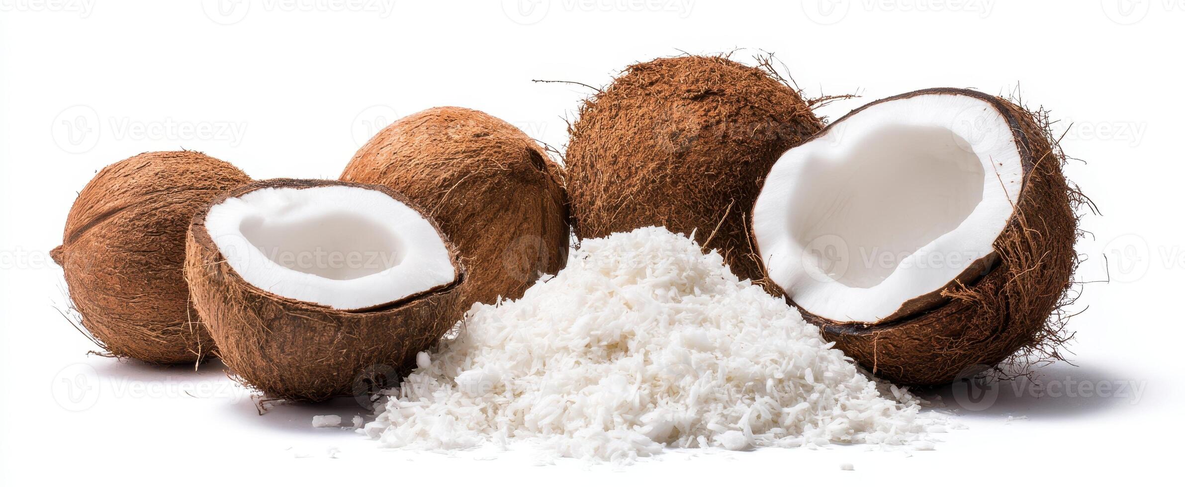 The Coconut Halves Surrounded by Freshly Shredded Coconut on White Background photo