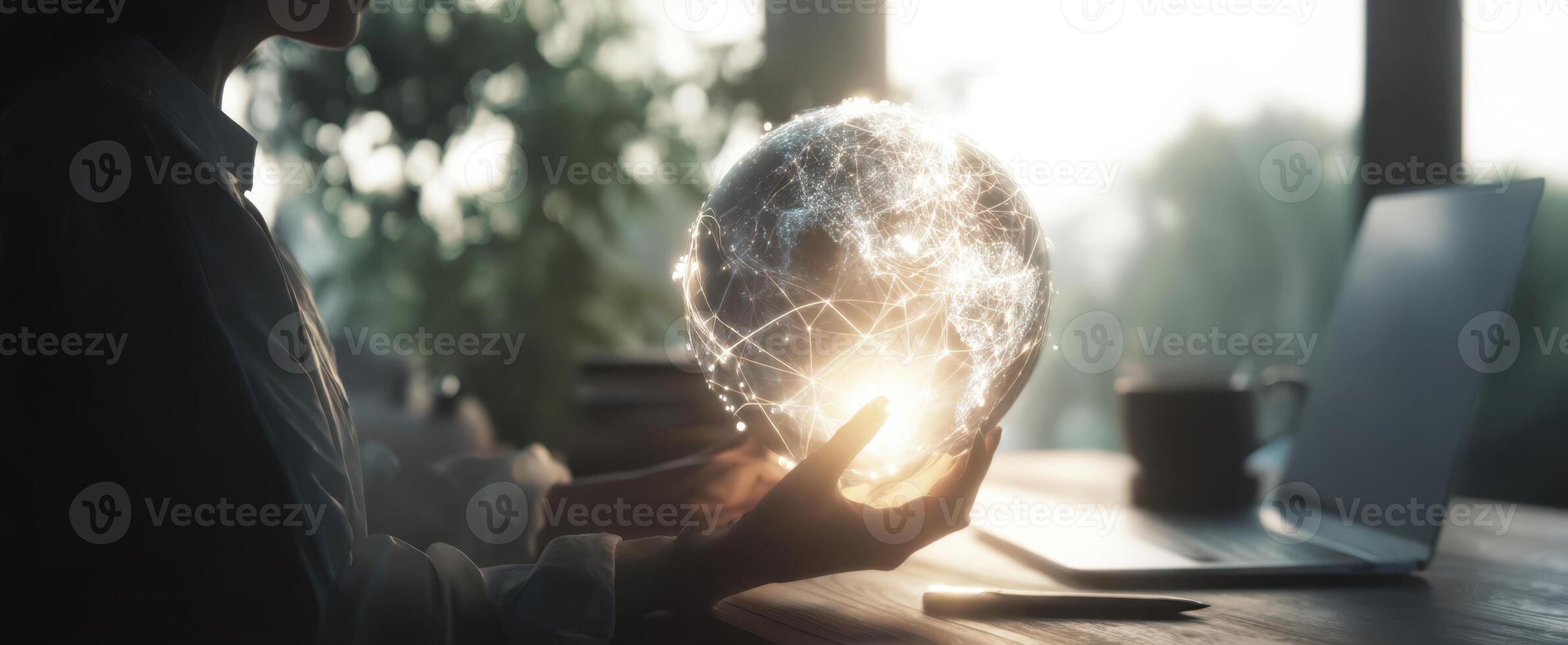 The glowing globe held by a person in a modern workspace environment. photo