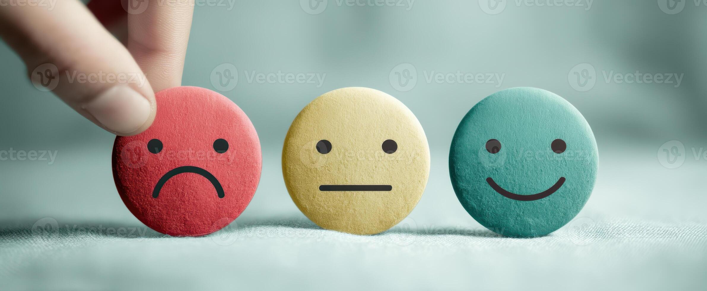 The colorful emotion icons representing happiness, neutrality, and sadness in a thoughtful arrangement. photo