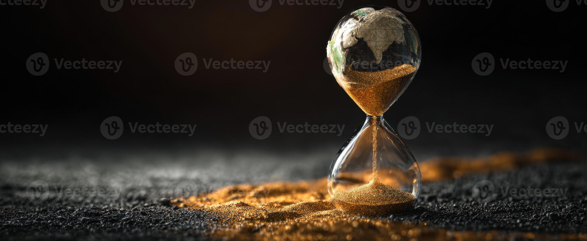 The hourglass representing Earth's fragile time and environmental urgency. photo