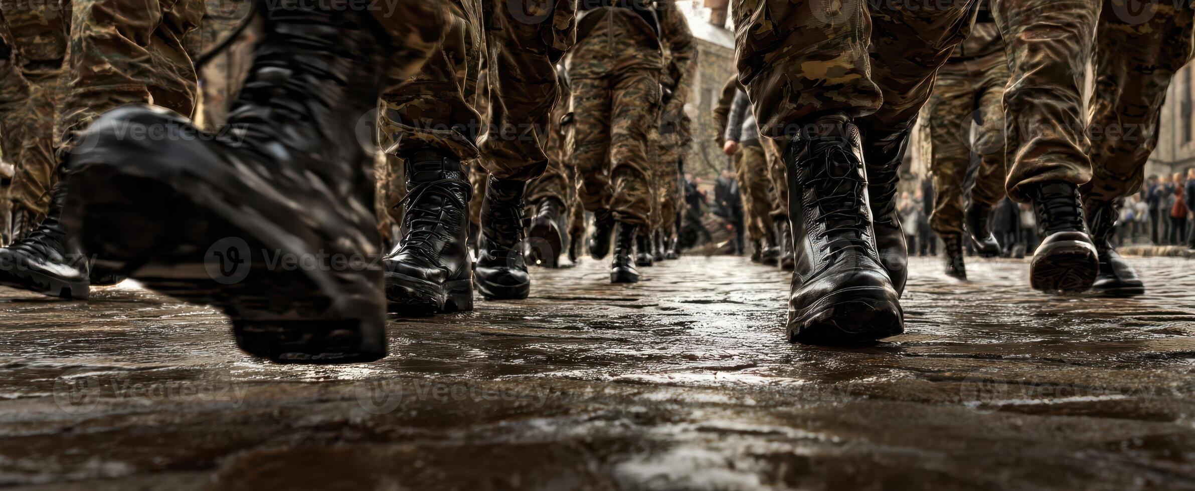 The soldiers marching in formation on a city street showcasing discipline and unity. photo