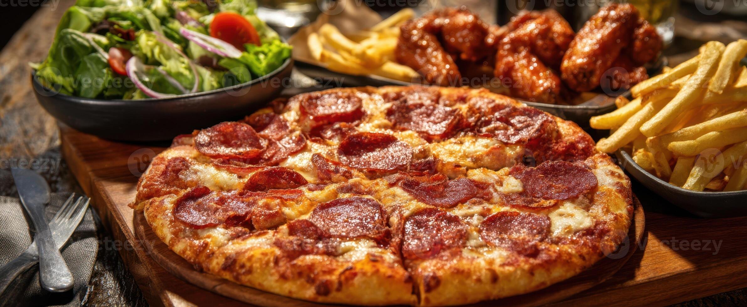 The delicious pepperoni pizza accompanied by fries and fresh salad on a wooden table. photo
