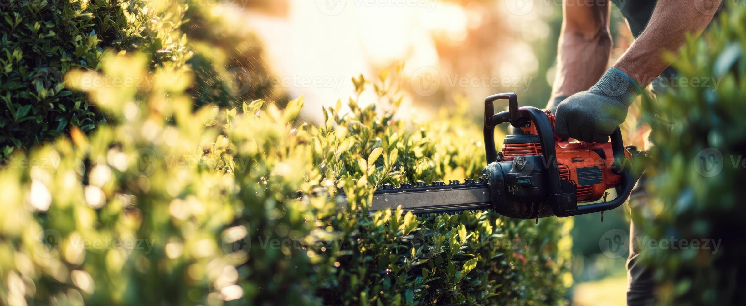 The gardener carefully trims hedges with a chainsaw in the afternoon sun. photo