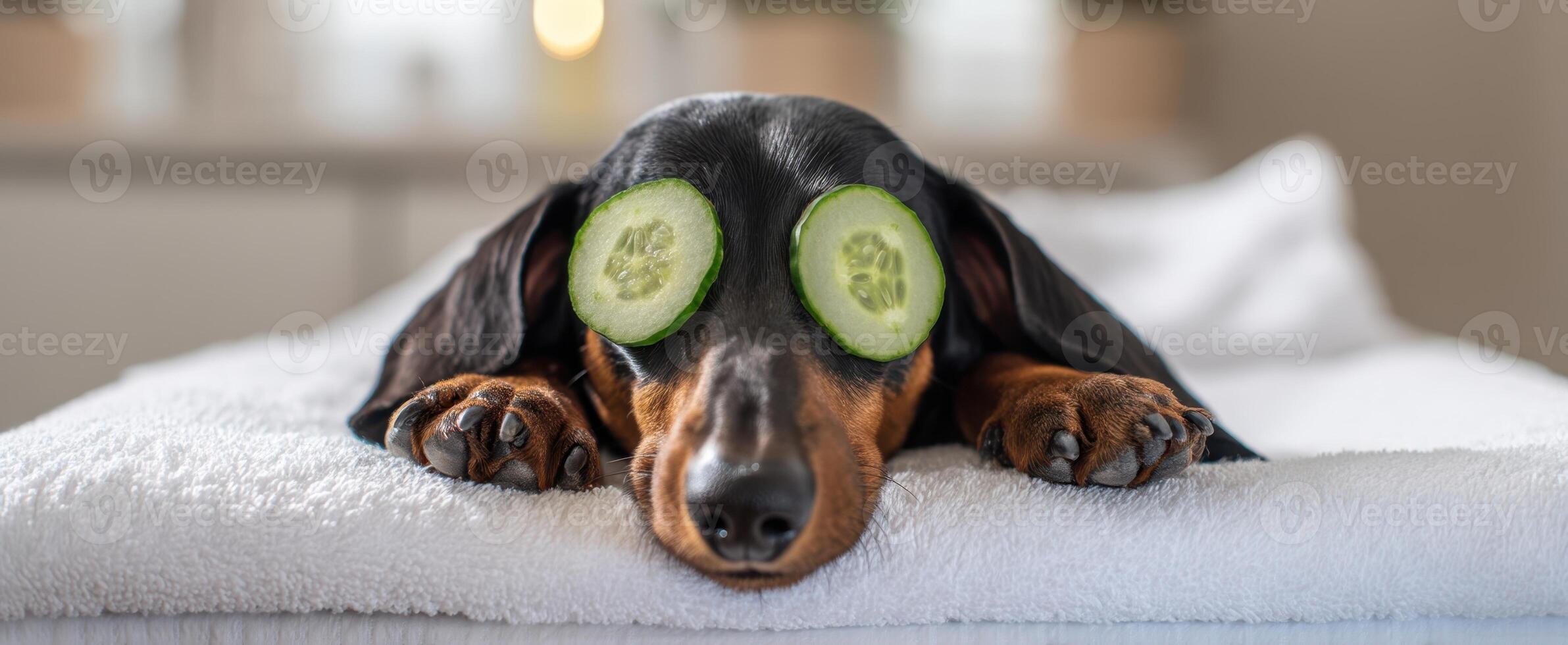The dachshund relaxing with cucumber slices on its eyes in a cozy setting. photo