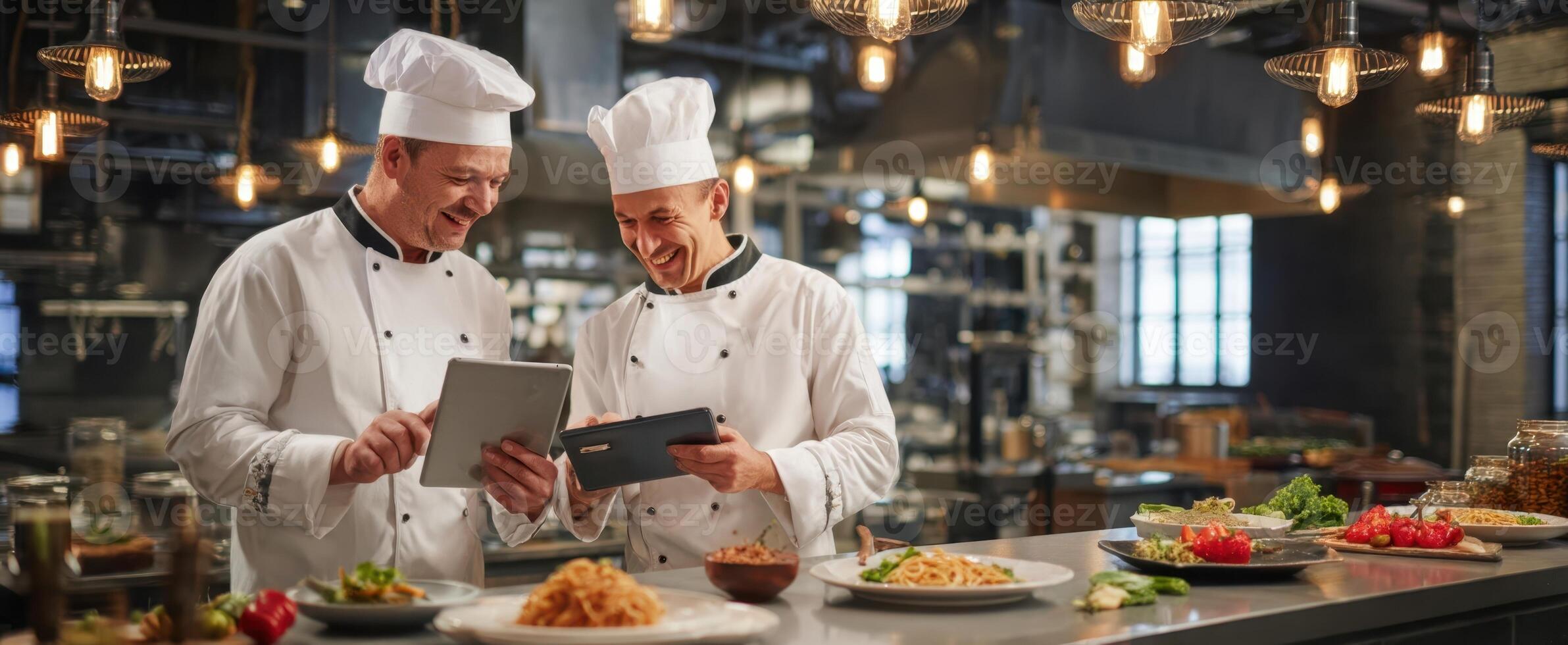 The chefs collaborating in a modern kitchen while reviewing recipes on tablets. photo