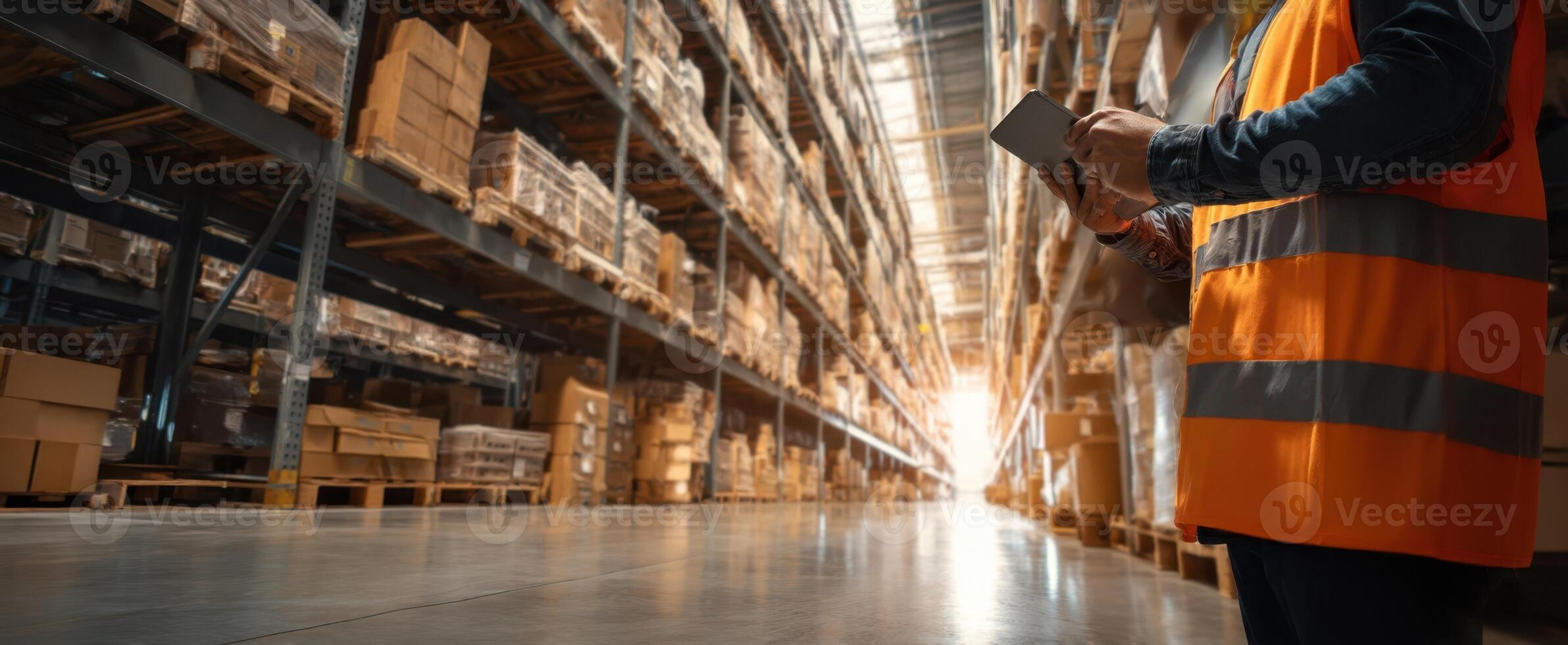 The warehouse worker using a tablet to manage inventory in a modern facility. photo