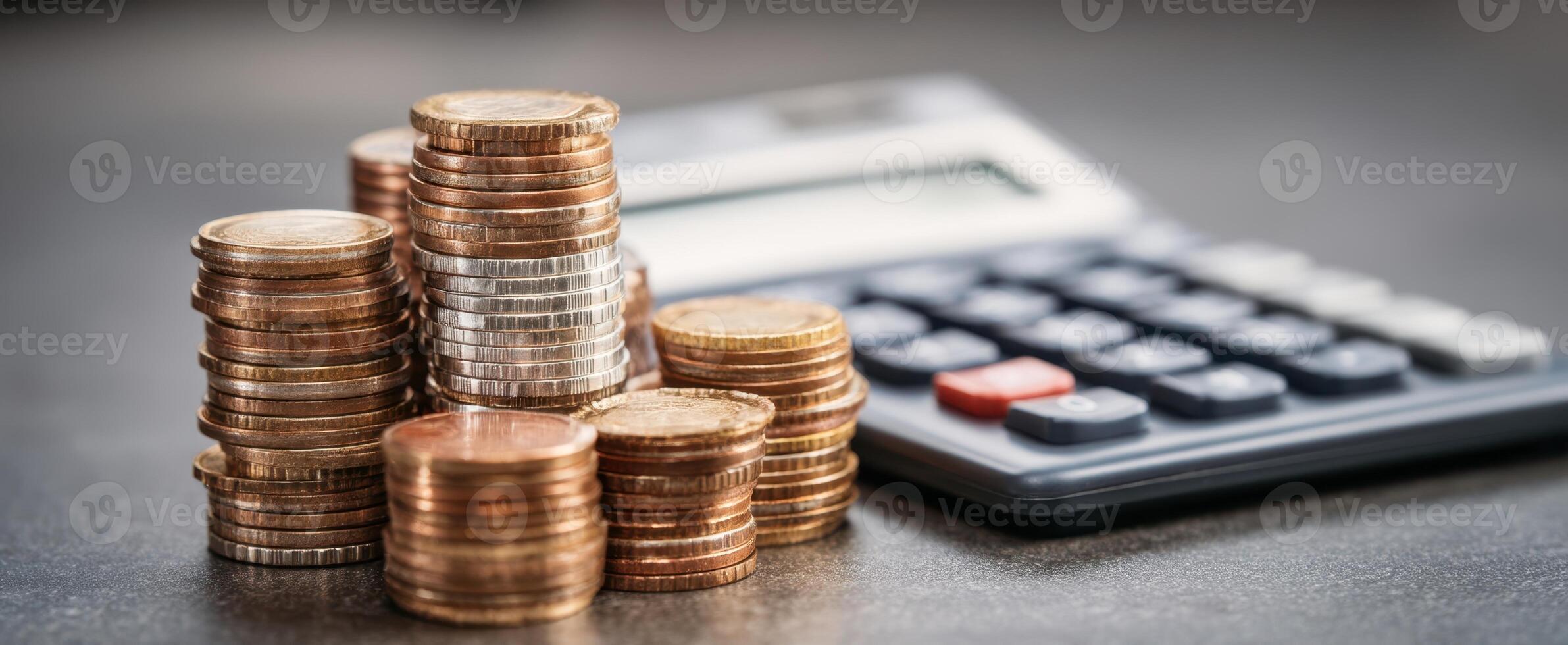 The stack of coins beside a calculator representing financial planning and budgeting. photo