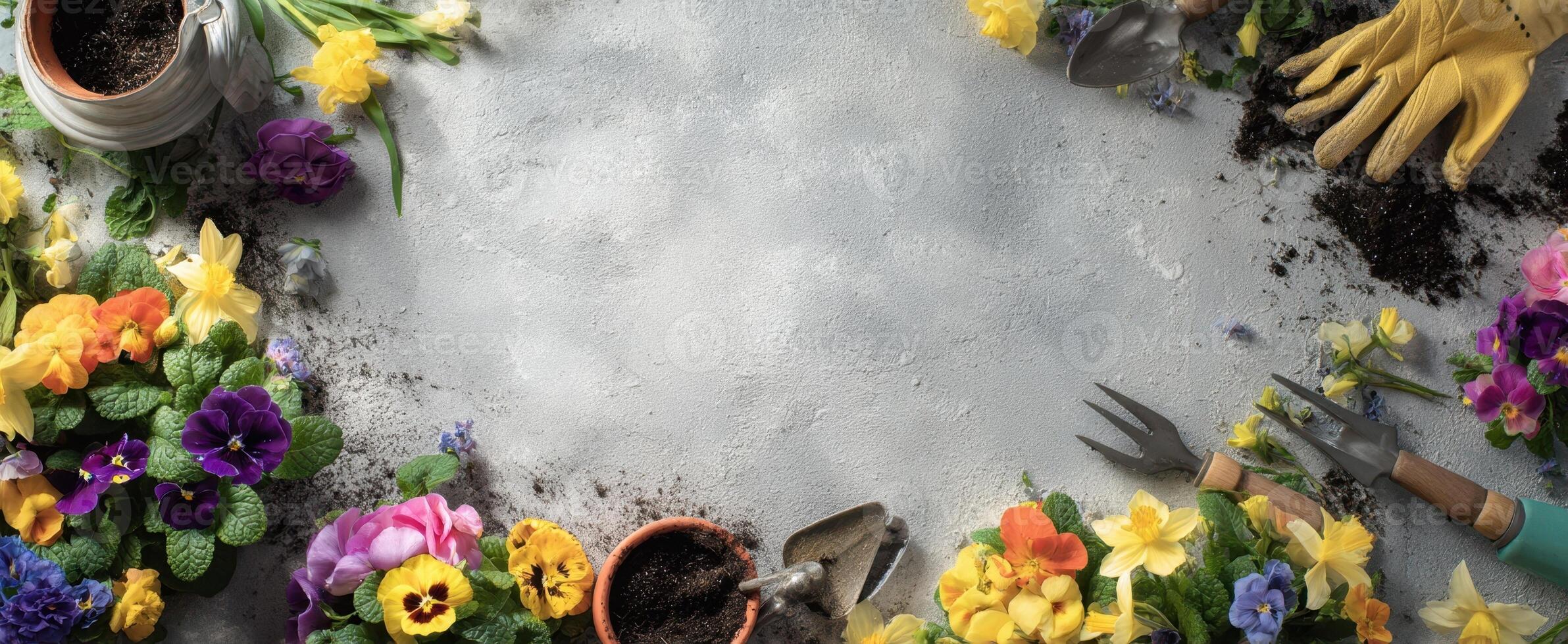 The vibrant flower arrangement and gardening tools on a delightful workspace. photo