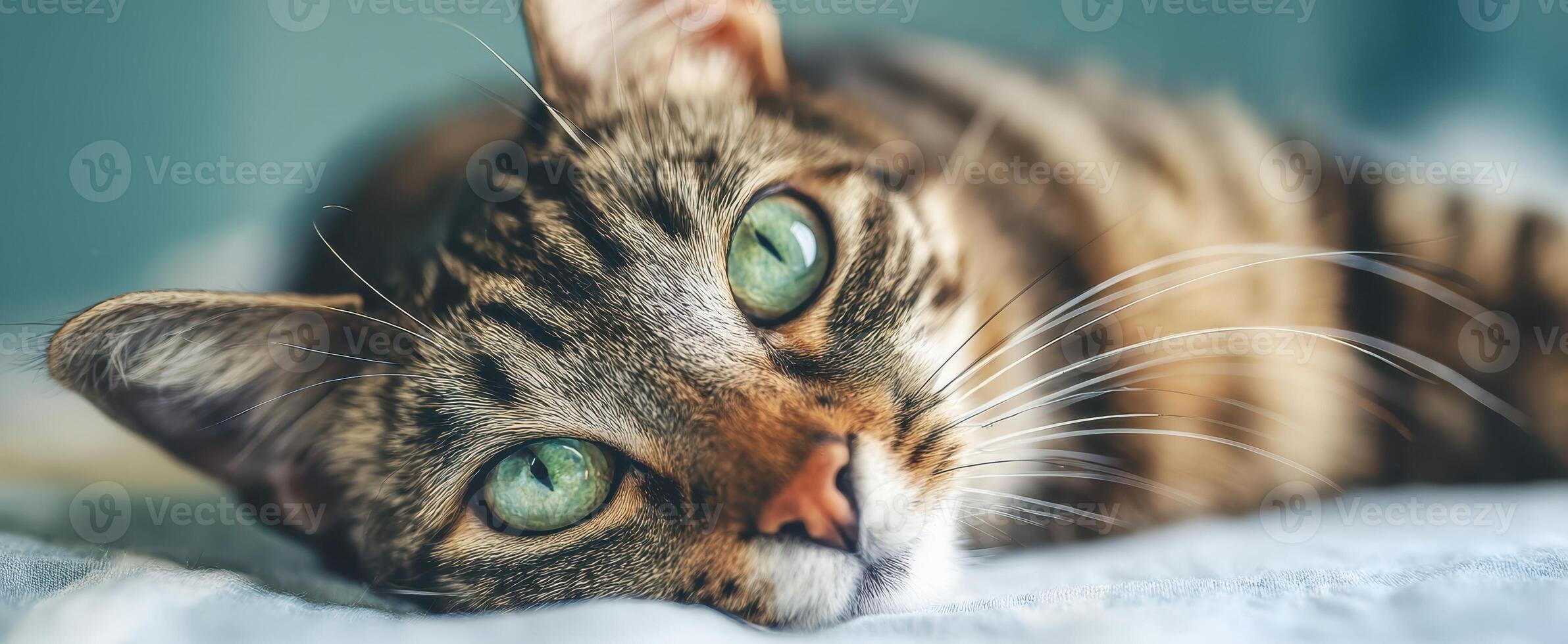 The adorable tabby cat relaxing with captivating green eyes in a cozy setting. photo