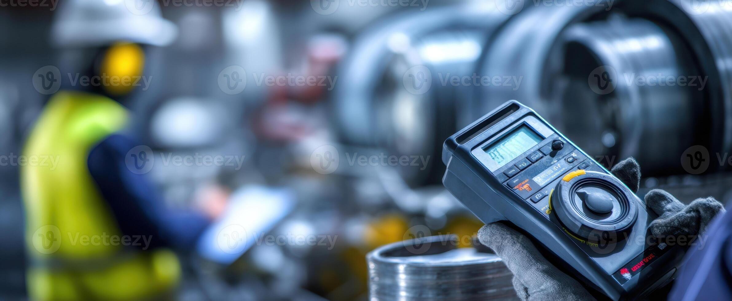 The technician using a multimeter for precision measurements in an industrial environment. photo