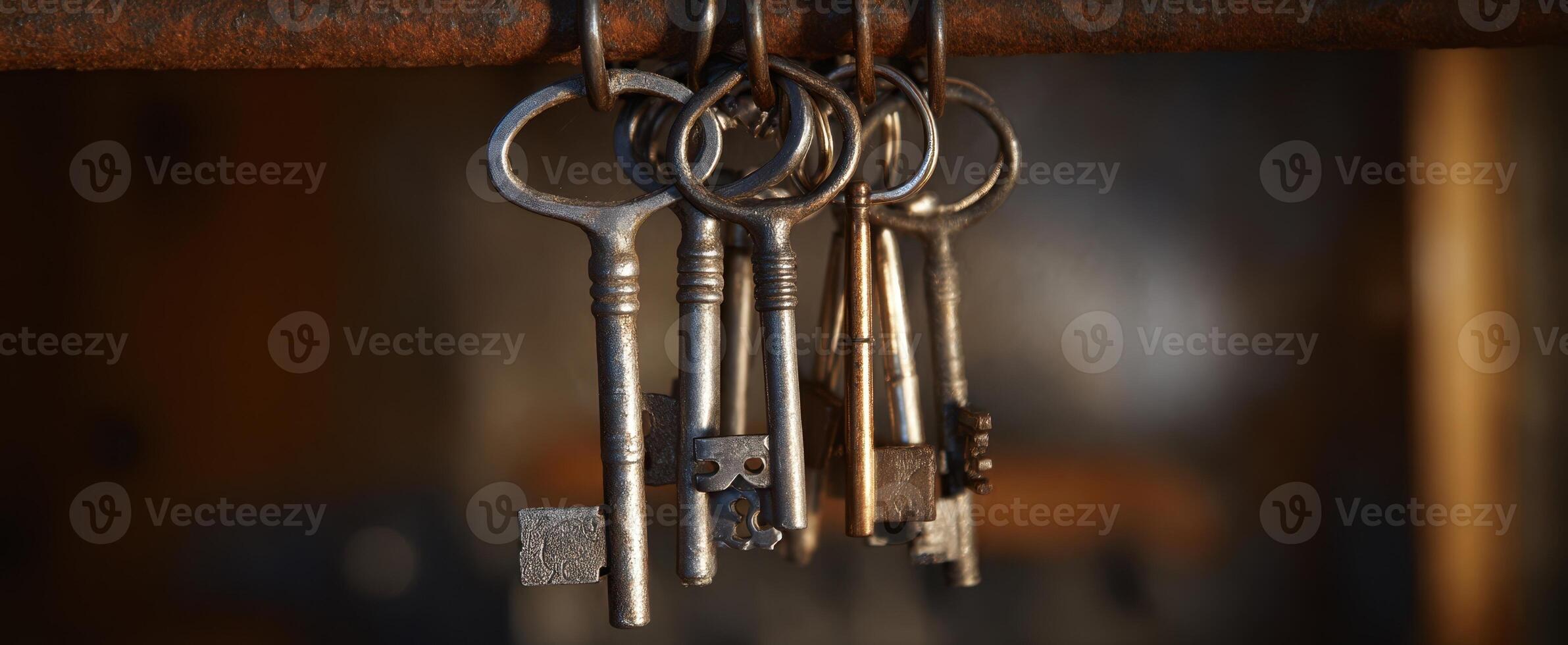 The vintage keys hanging on a rustic metal hook with a warm background photo