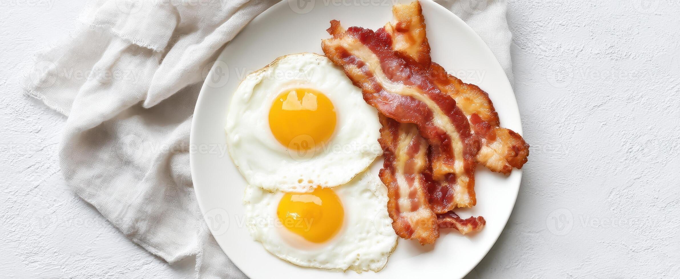 The delicious combination of crispy bacon and fried eggs on a plate. photo