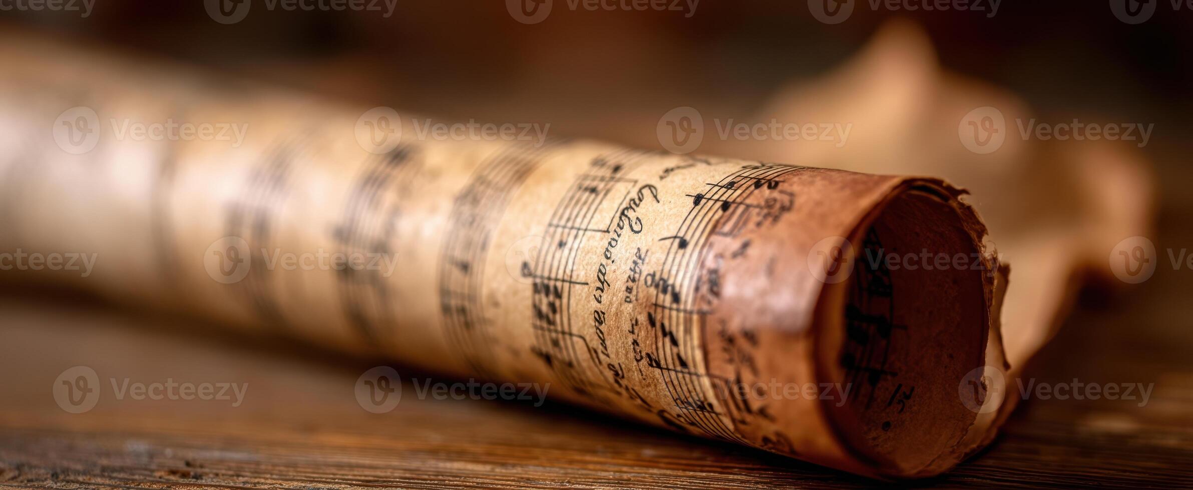 The vintage scroll featuring intricate music notation on aged paper. photo