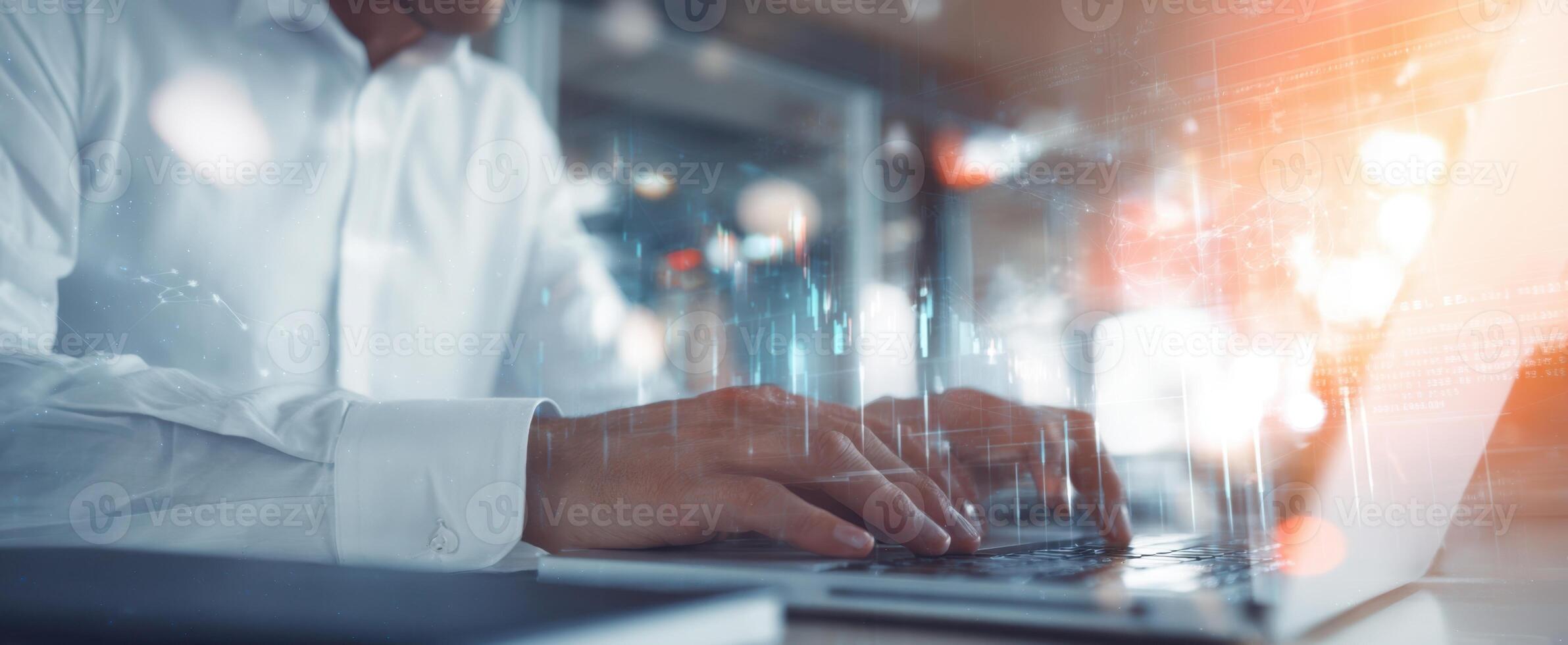 The modern professional typing on a laptop in a digital workspace environment. photo