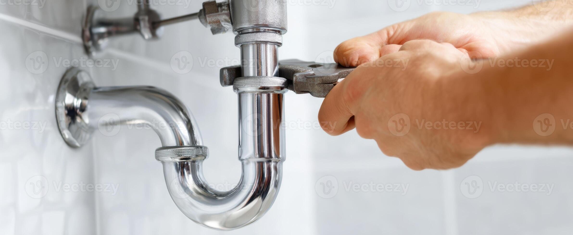 The plumber repairing a sink pipe with a wrench in a modern bathroom. photo