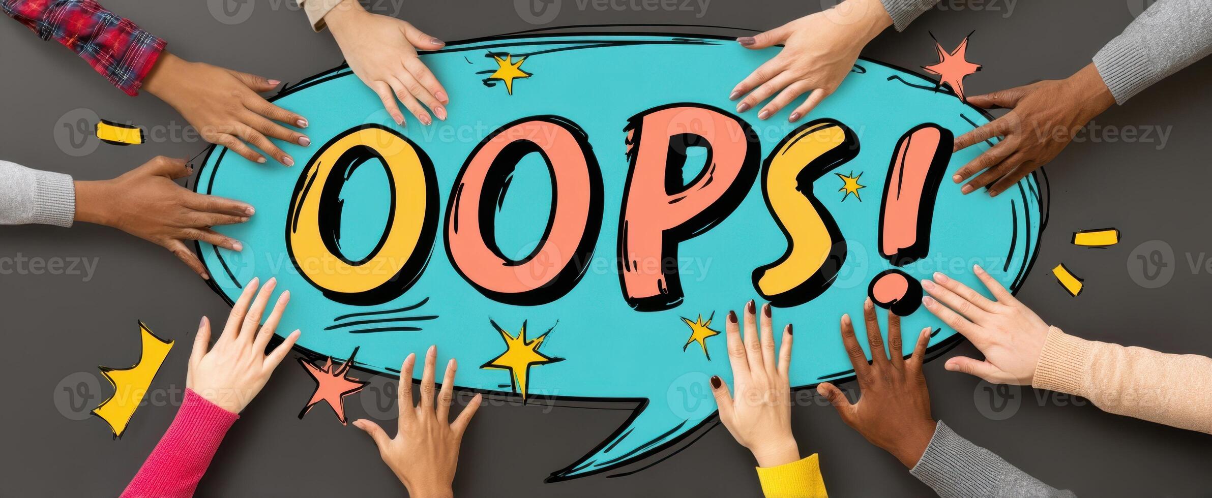 The Hands Expressing Surprise with a Colorful Oops Speech Bubble photo