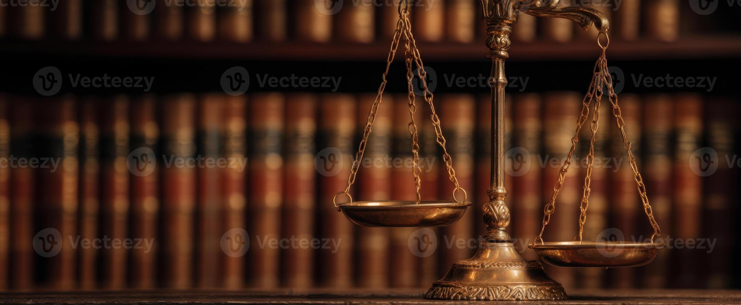 The scales of justice symbolizing law and fairness in a legal library setting. photo