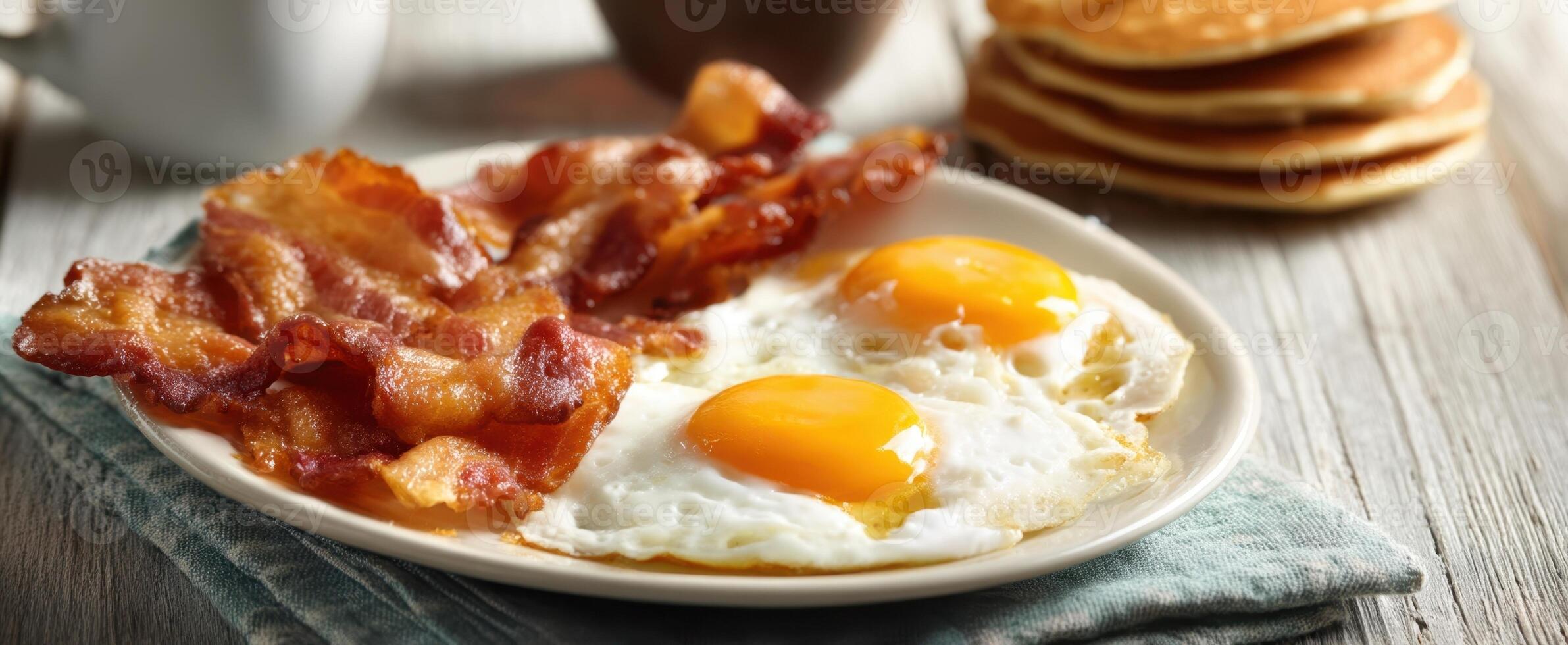 The delicious breakfast spread featuring fried eggs, crispy bacon, and pancakes. photo