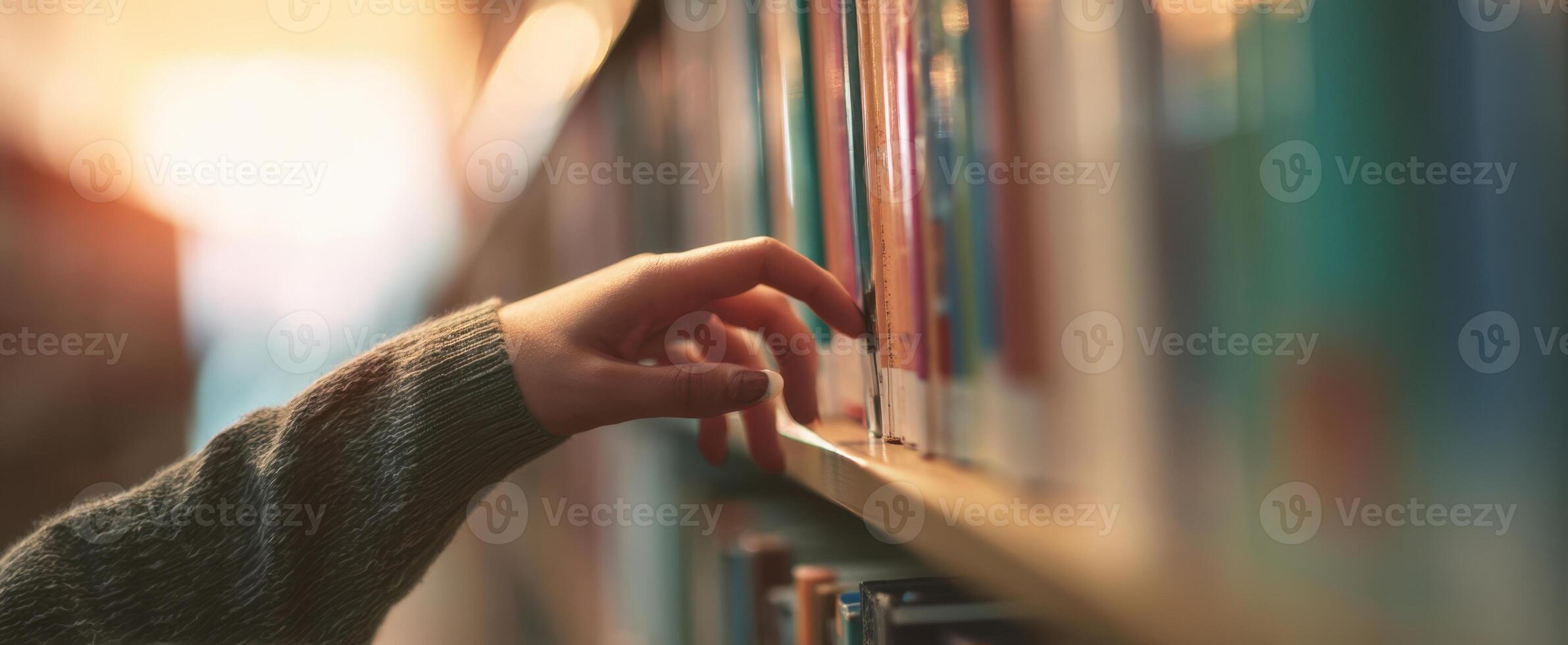 The hand reaching for a book in a cozy library setting. photo