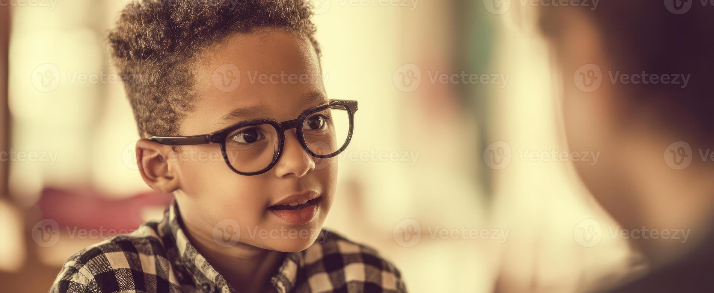 The boy wearing glasses engaged in a thoughtful conversation with an adult. photo