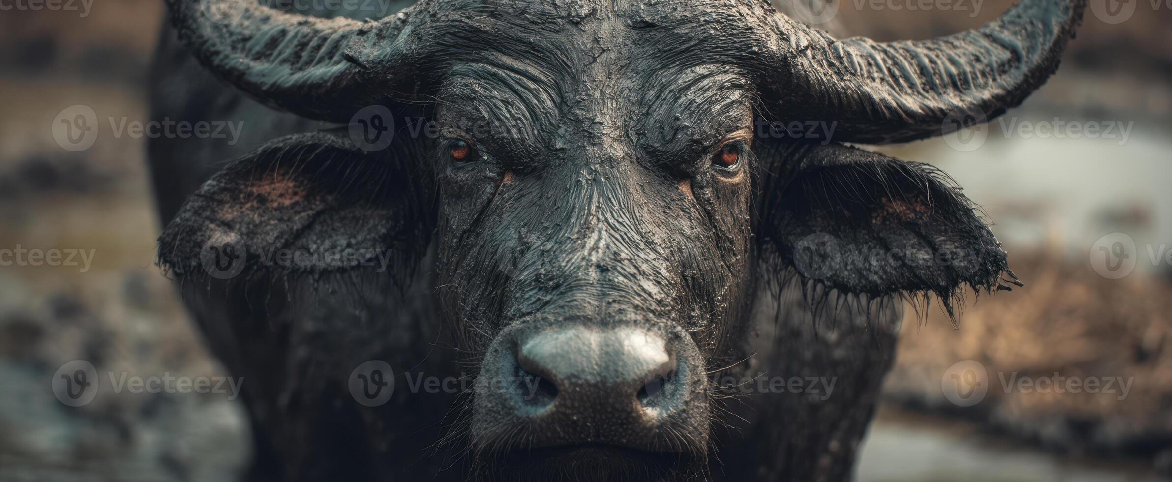 The majestic buffalo in a tranquil rural landscape with wet surroundings. photo