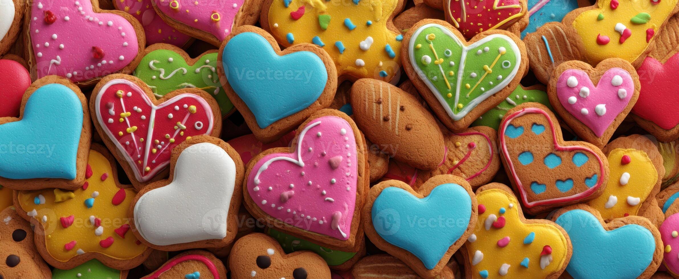 The vibrant assortment of heart-shaped cookies with colorful icing and sprinkles. photo