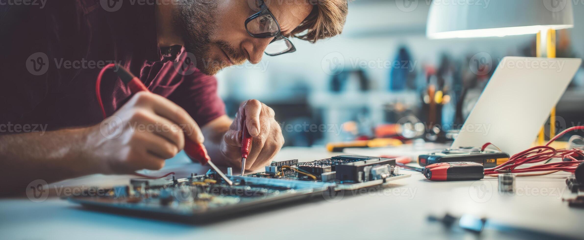 The skilled technician repairing electronic circuits with precision and focus. photo