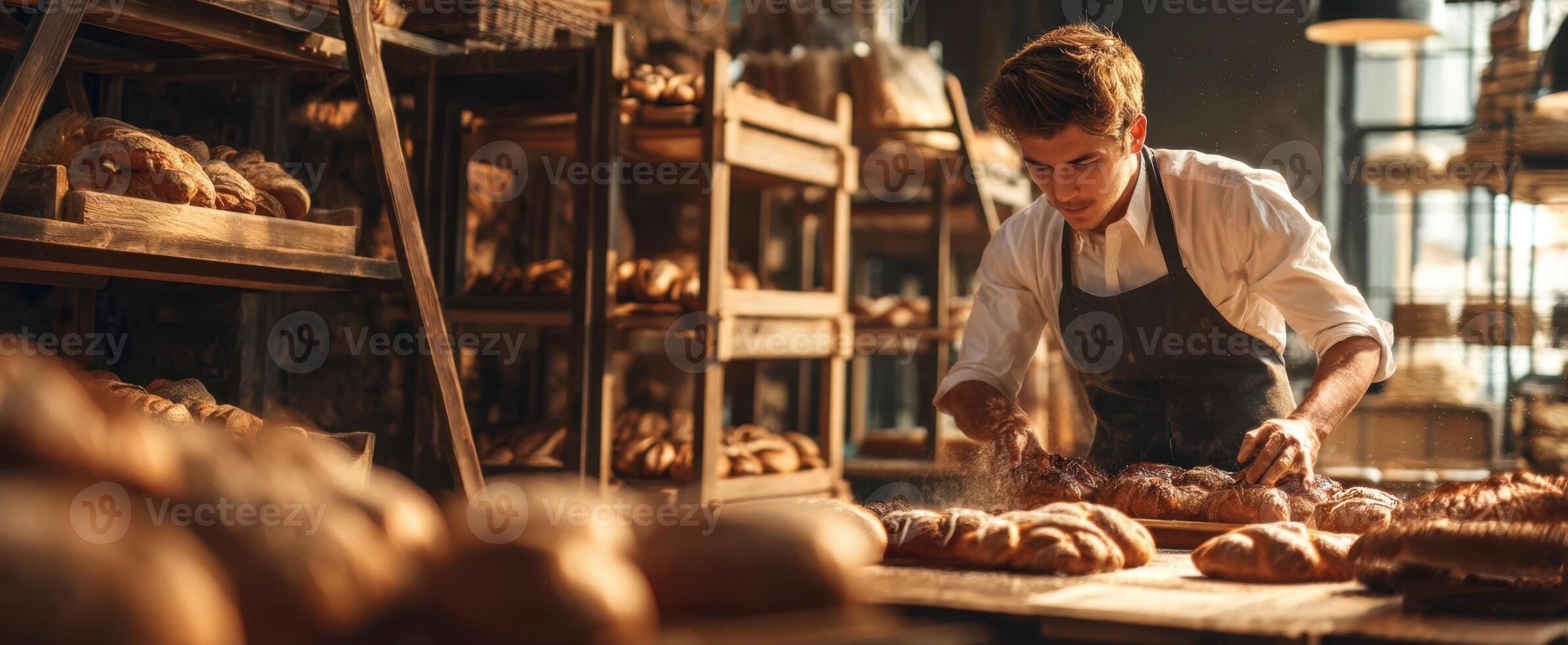 The artisan baker meticulously preparing fresh bread in a cozy bakery photo