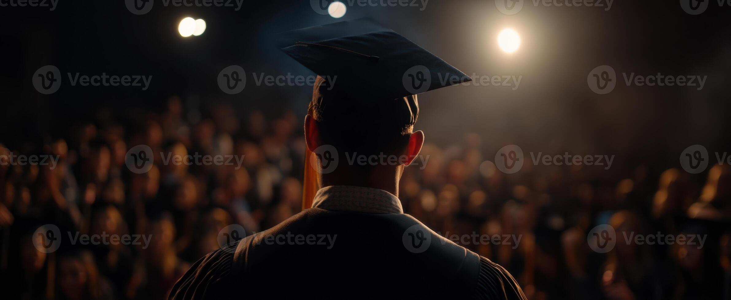 The graduate stands proudly before a captivated audience during the commencement ceremony. photo