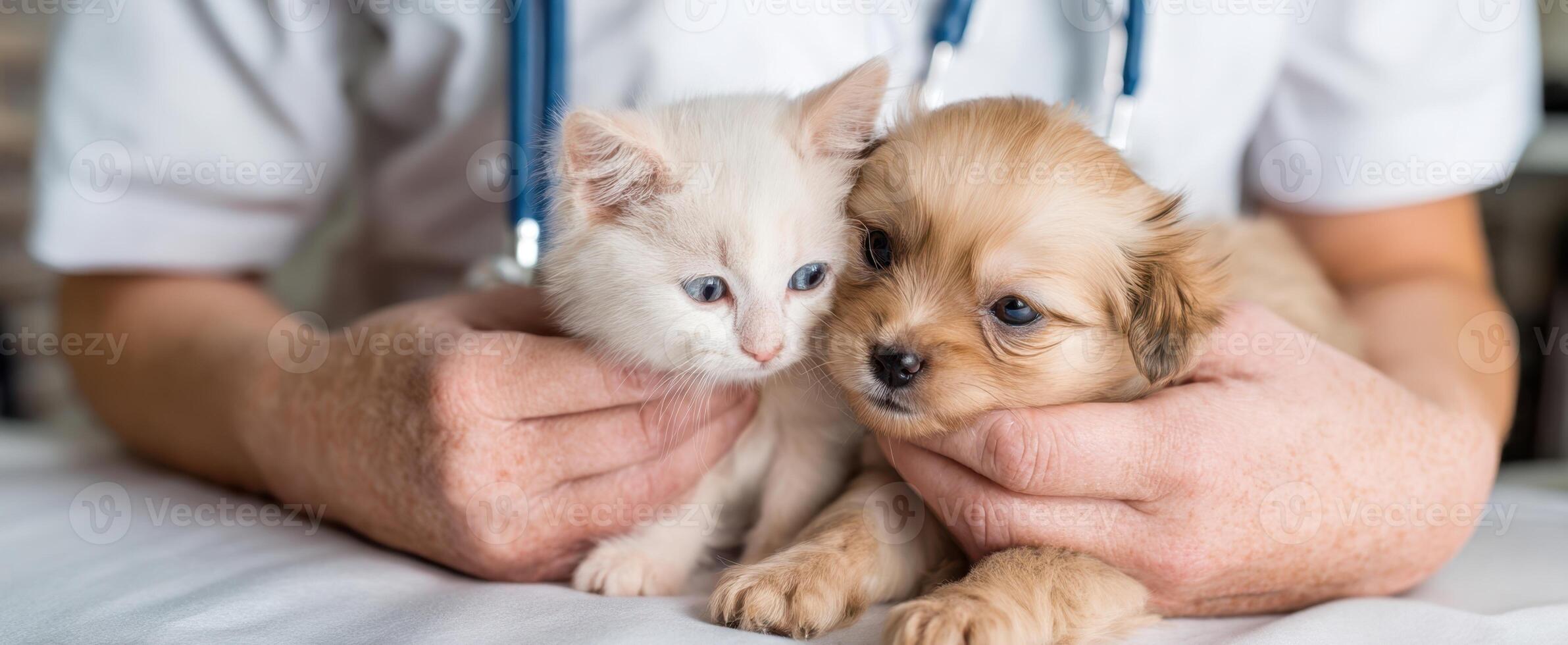 The adorable interaction between a kitten and puppy at a veterinarian's office. photo