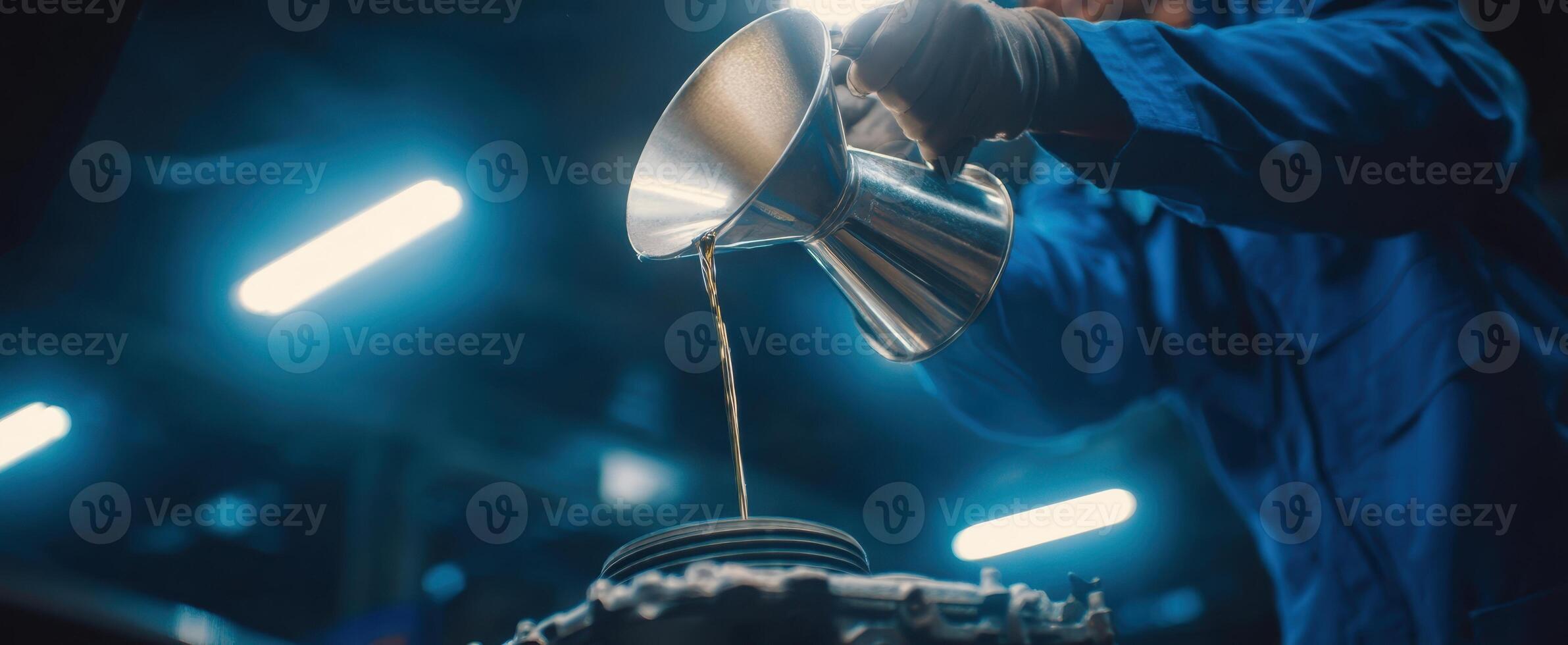 The mechanic pours oil into an engine component in a workshop setting. photo