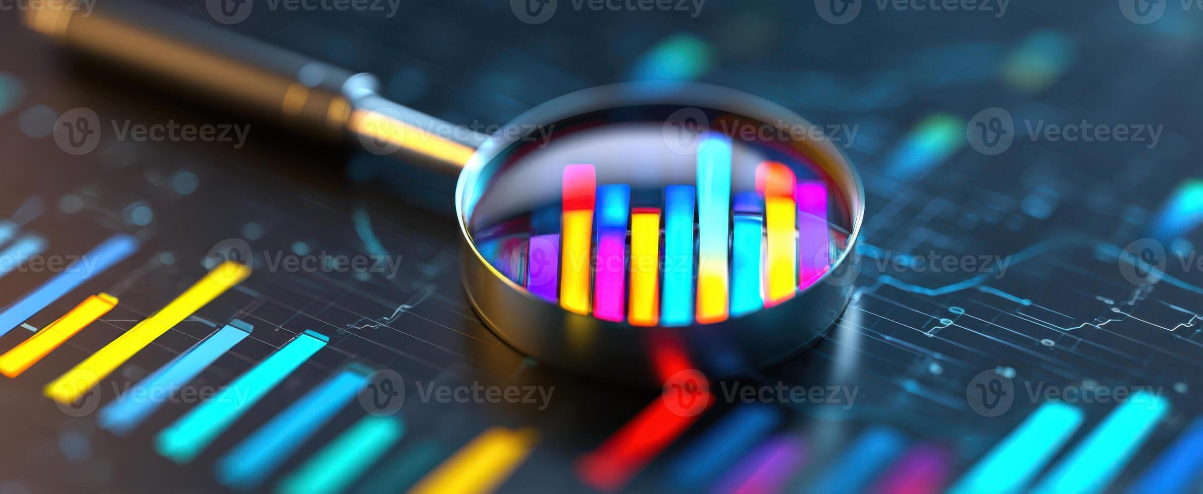 The magnifying glass focusing on colorful data visualizations and business analytics photo