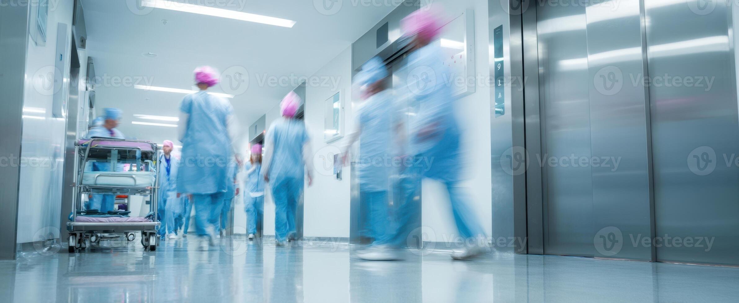 The busy hospital hallway with healthcare professionals in motion and modern equipment. photo