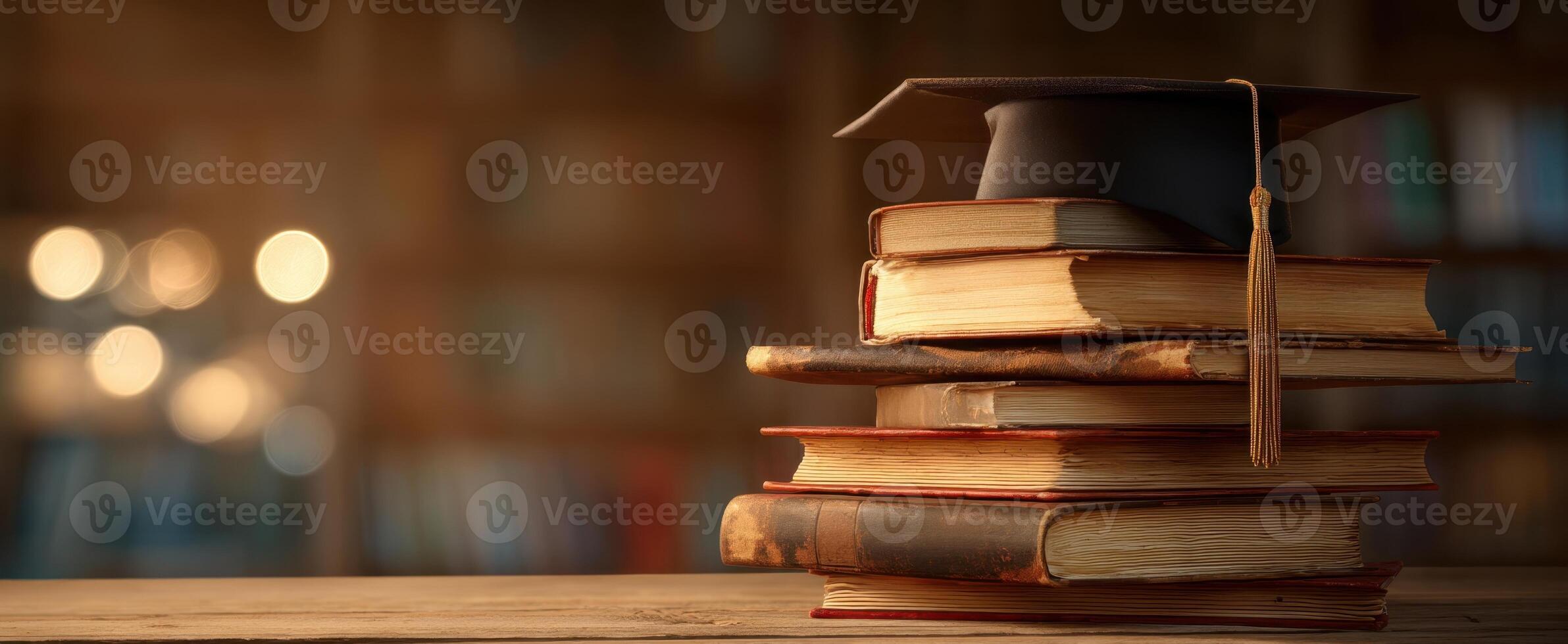 A stack of books with a graduation hat on top photo