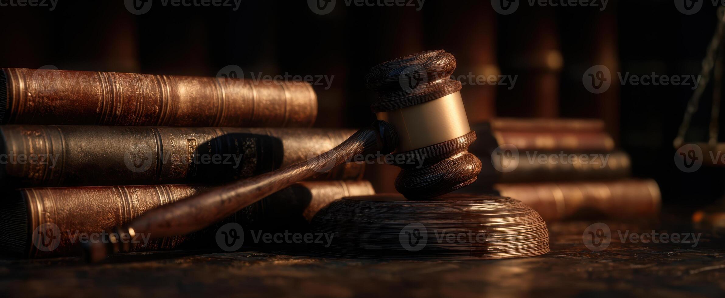 The gavel resting against a stack of legal books in a courtroom setting. photo