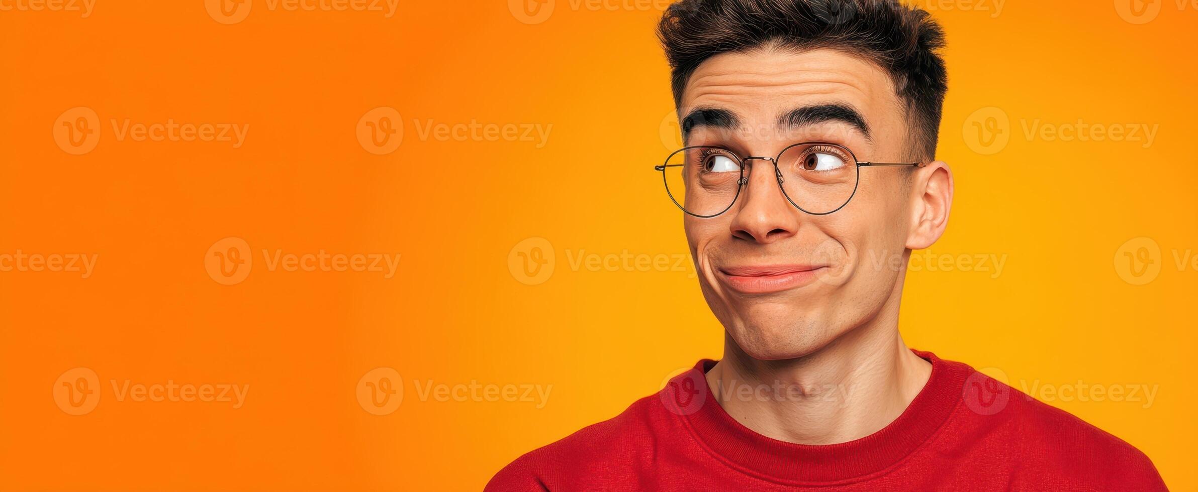 The young man displaying a playful expression against a vibrant orange background. photo
