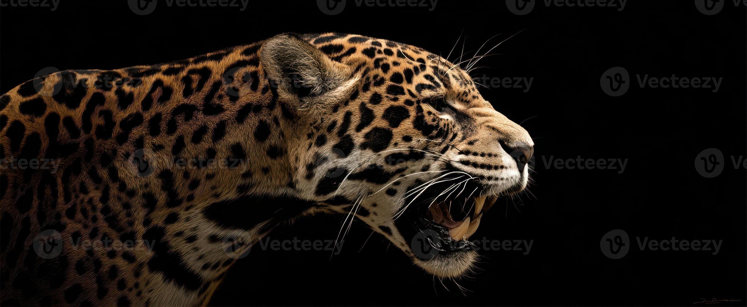 The powerful jaguar roaring in a dramatic black backdrop. photo