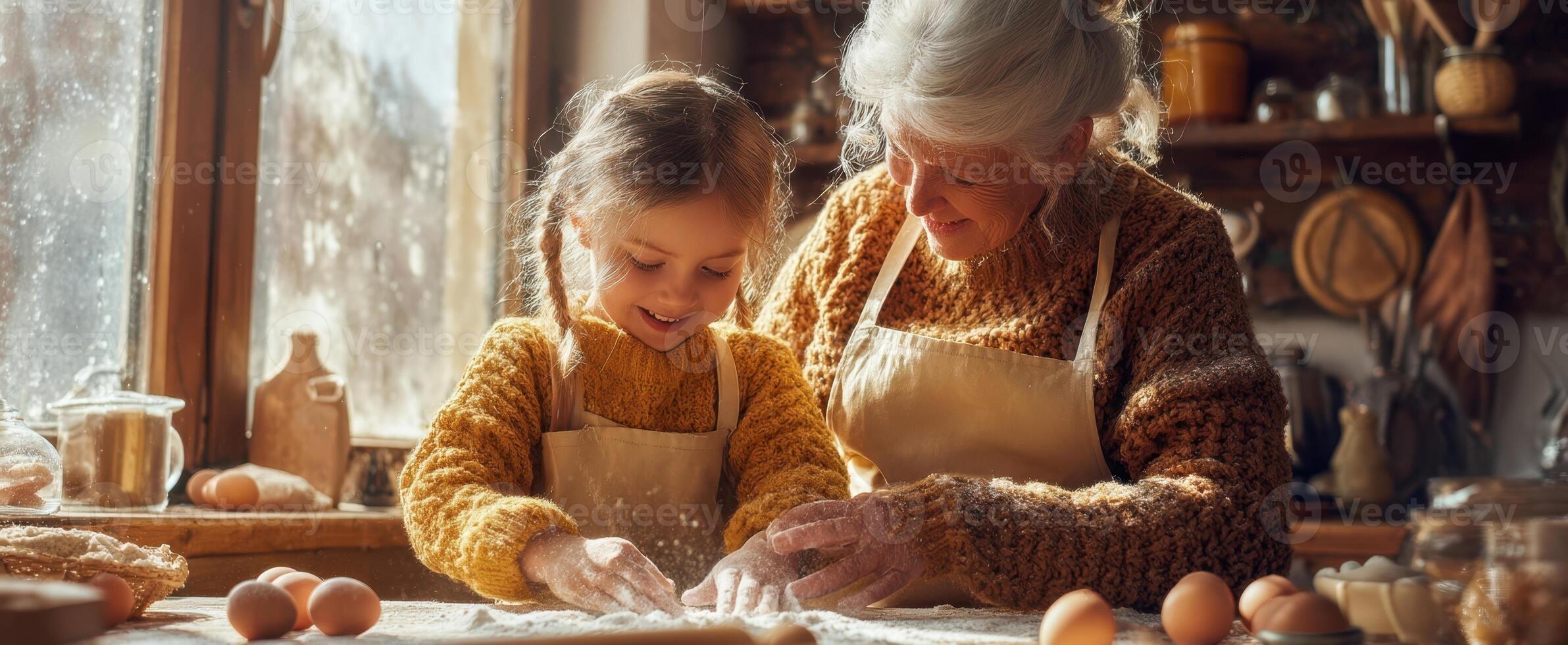 The joyful baking experience between a grandmother and her granddaughter in a cozy kitchen. photo