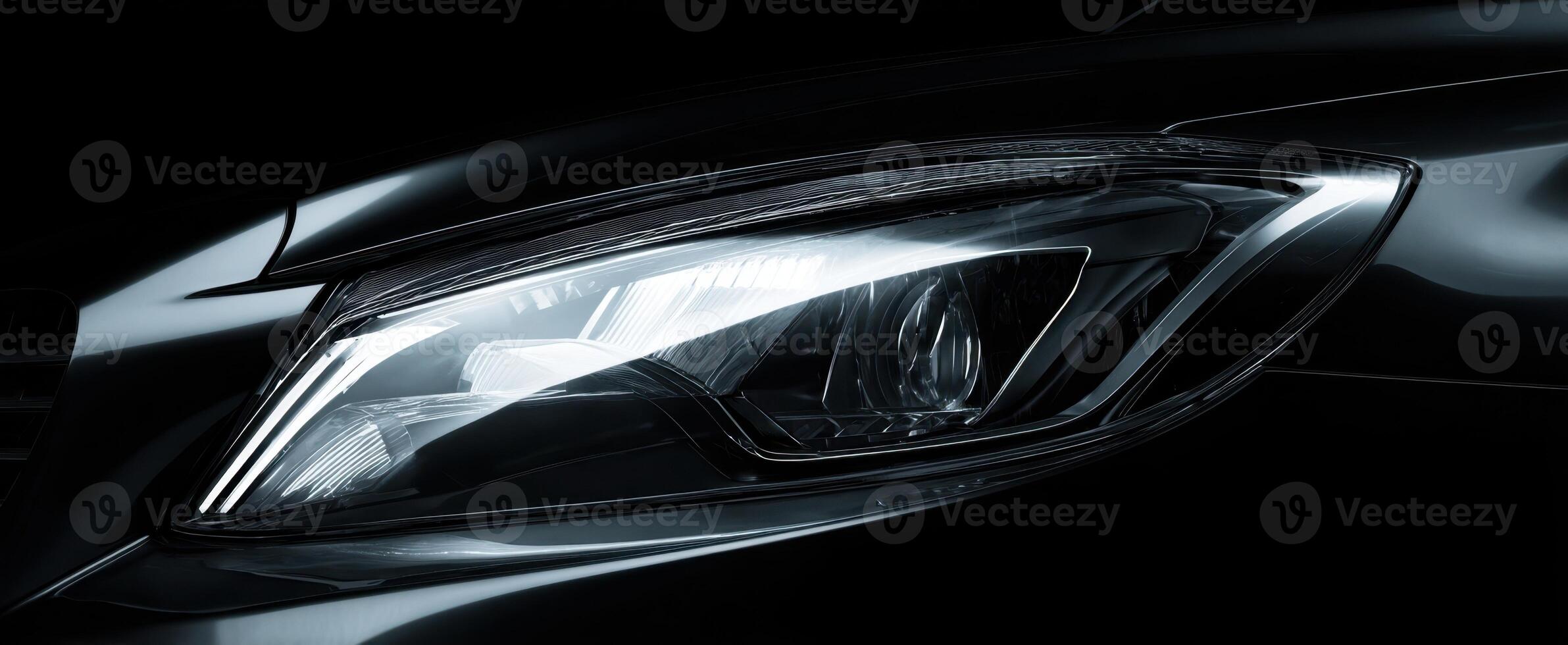 The elegant design of a modern car headlight illuminated in darkness. photo