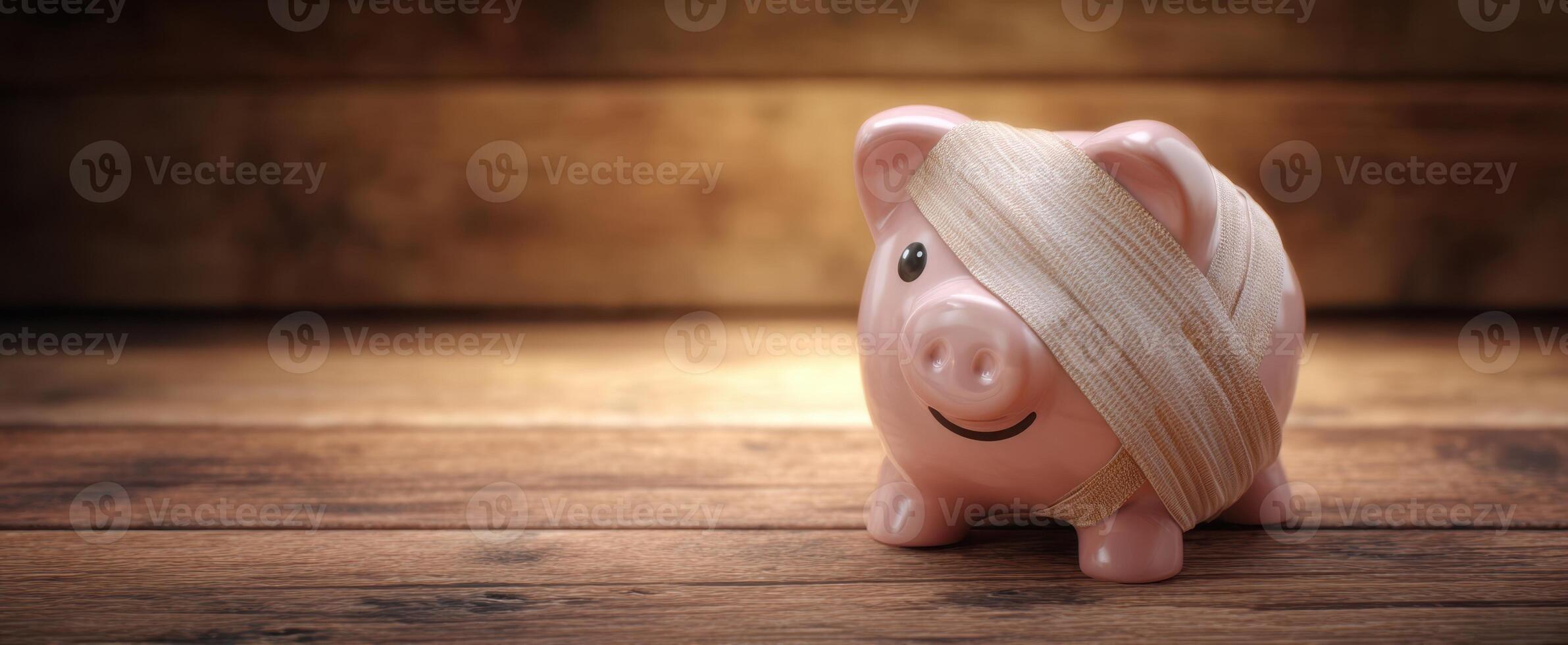 The piggy bank wrapped in a bandage symbolizing financial recovery and support. photo