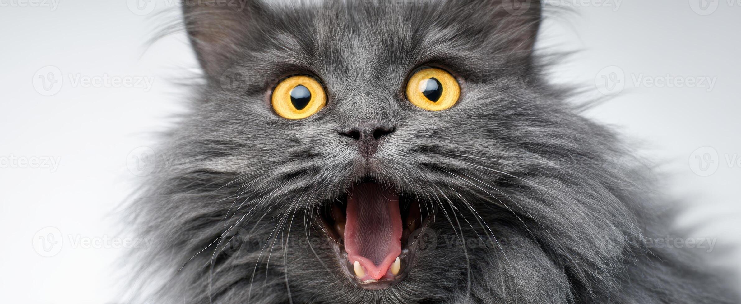 The adorable gray cat with a surprised expression and bright yellow eyes. photo