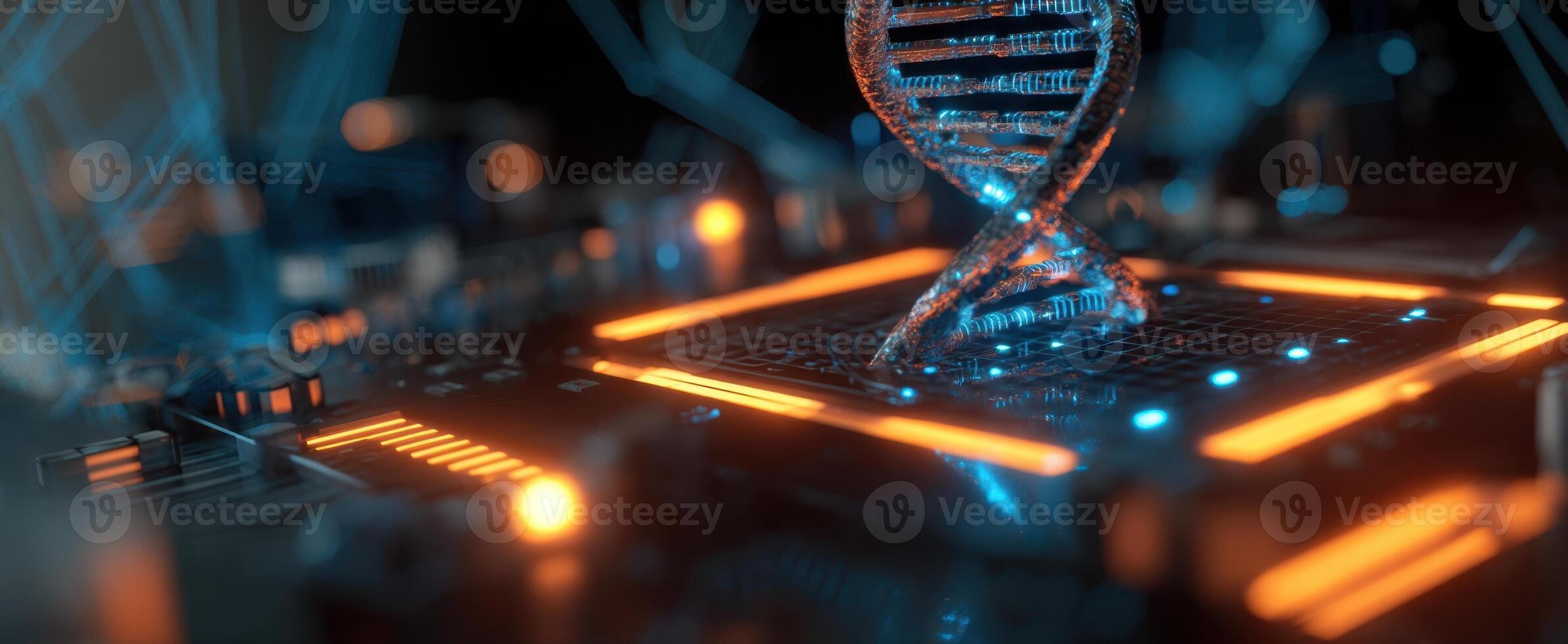 The DNA Helix Overlaid on a Futuristic Circuit Board in Vibrant Colors photo