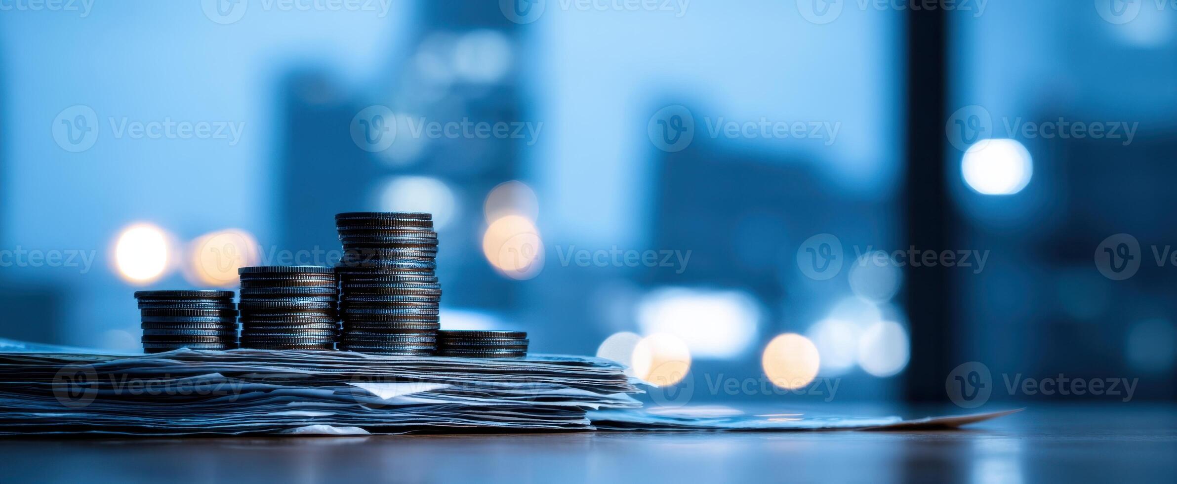 The stacks of coins and paper bills illuminated in a modern office environment. photo