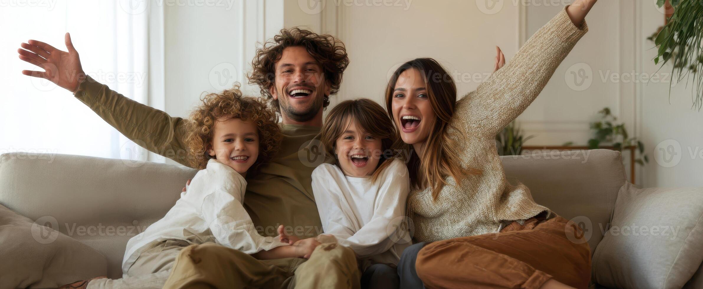 The joyful family enjoying quality time together in a cozy home setting. photo