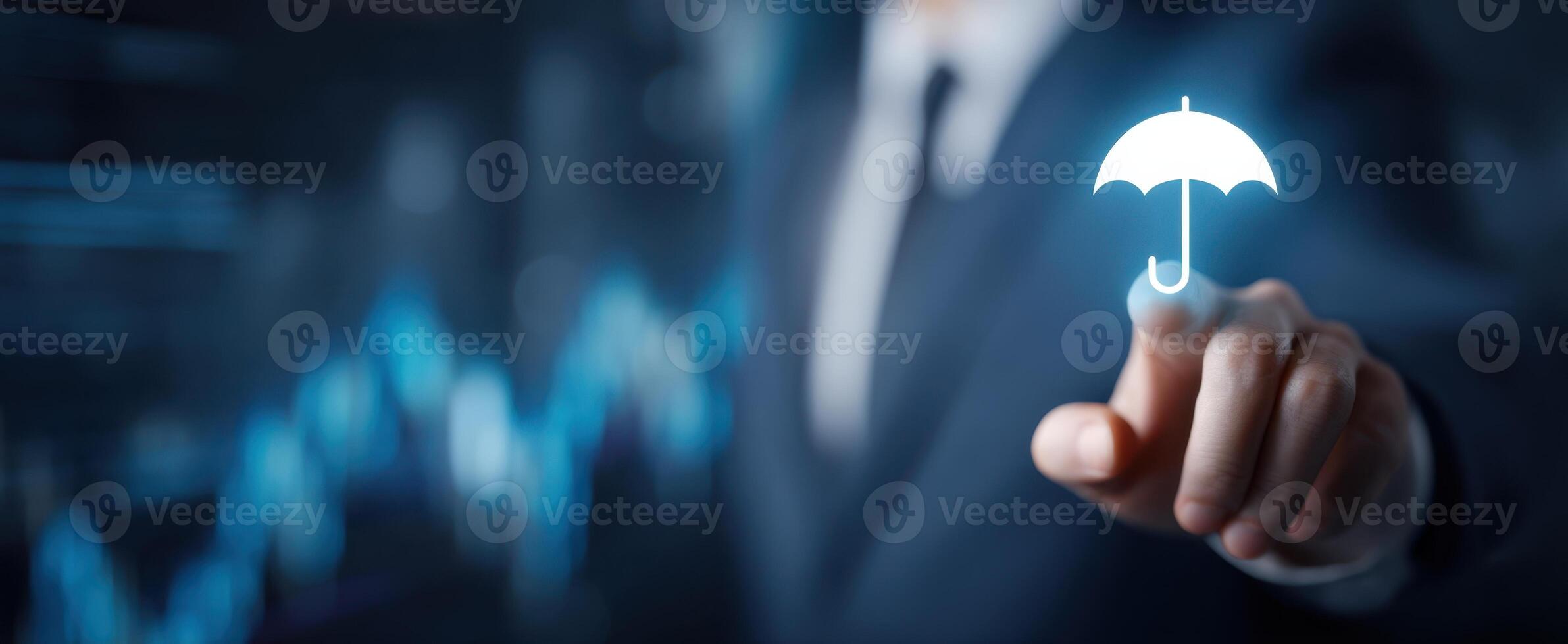 The businessman interacting with a digital umbrella symbolizing protection and innovation. photo