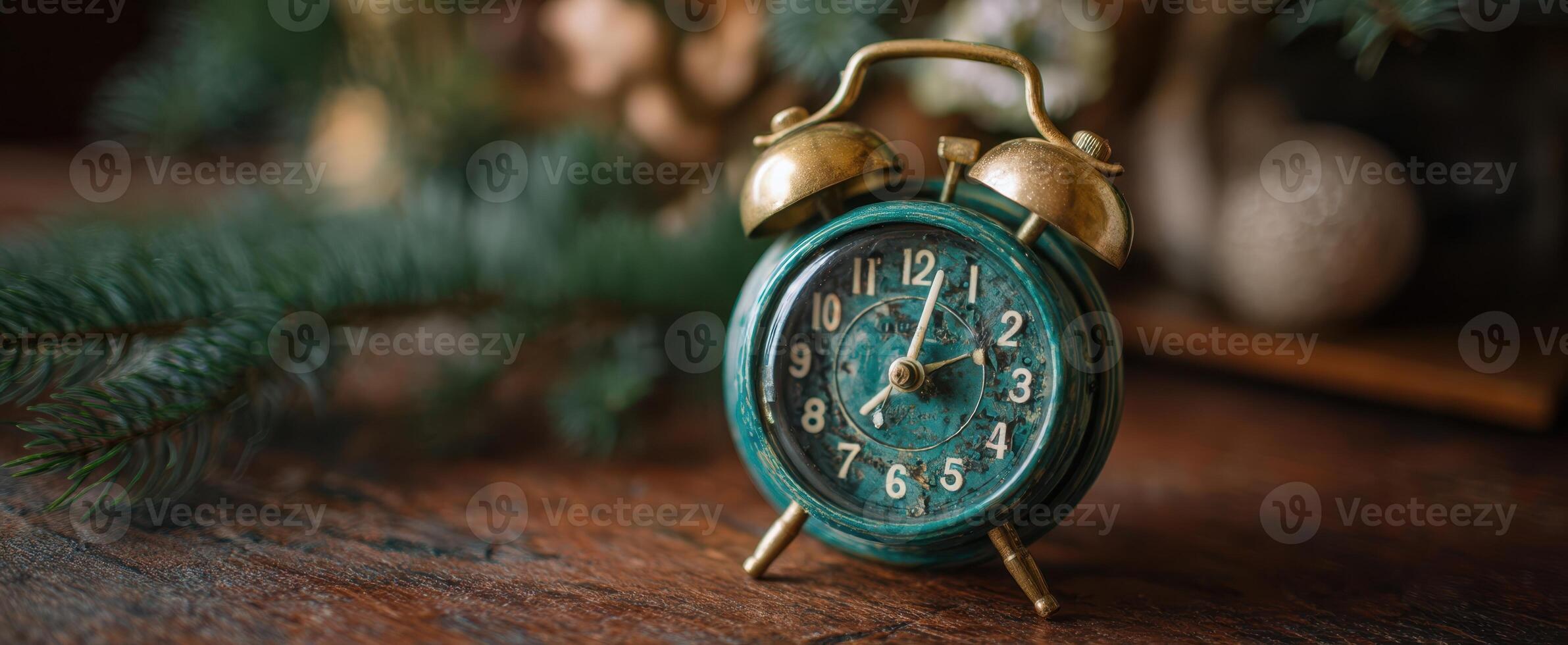 The vintage clock resting on a rustic wooden surface surrounded by holiday greenery. photo