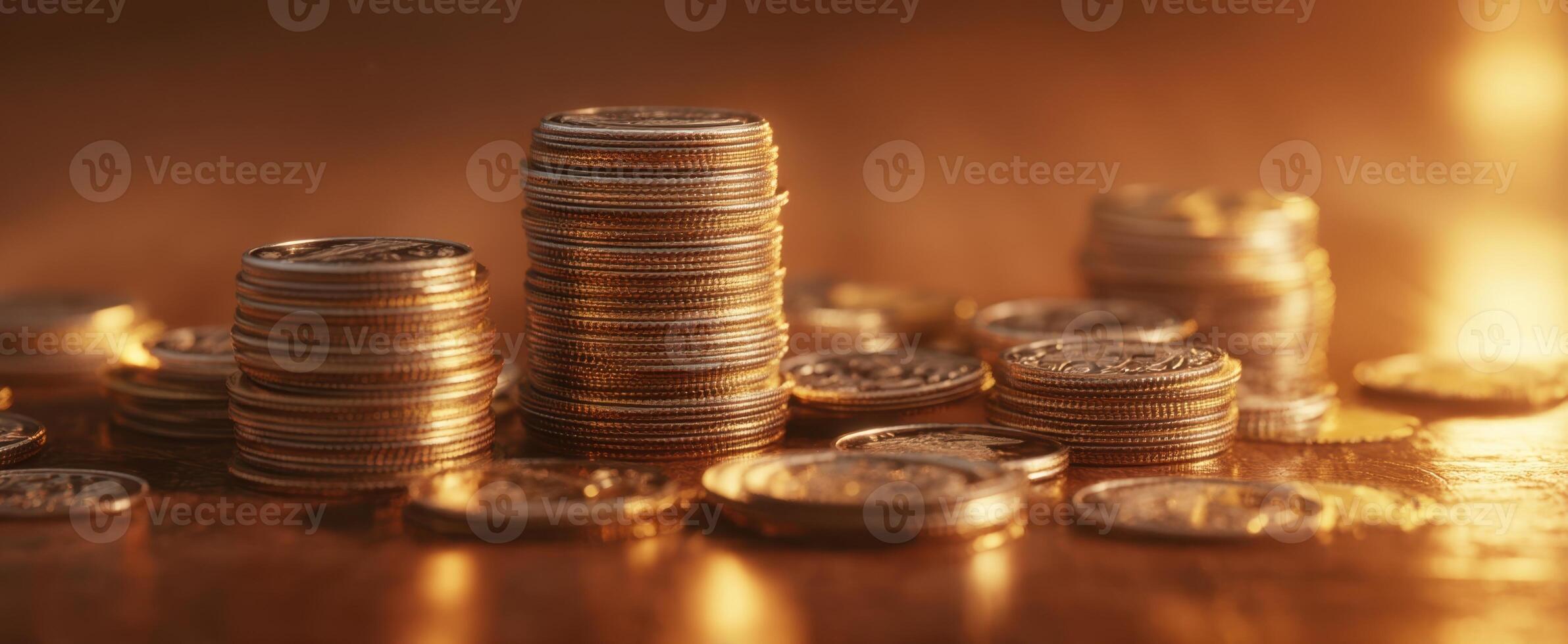 The gleam of stacked coins against a warm glowing background. photo