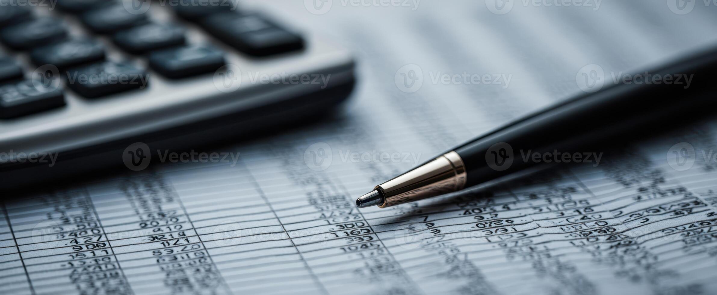 The pen and calculator on a financial report sheet for analysis. photo