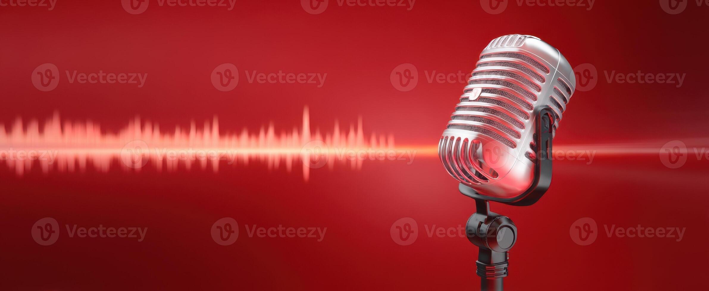 The microphone with soundwaves on a vibrant red background. photo